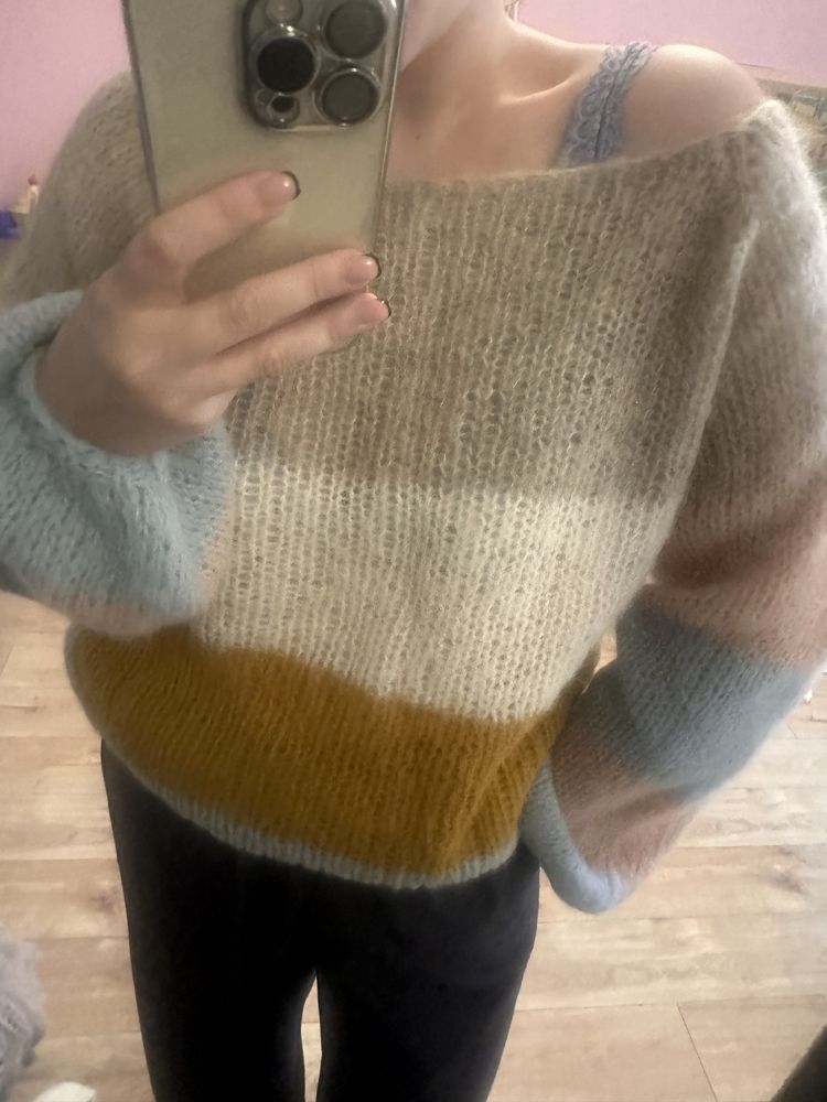 Sweter wełniany na drutach moher jedwab