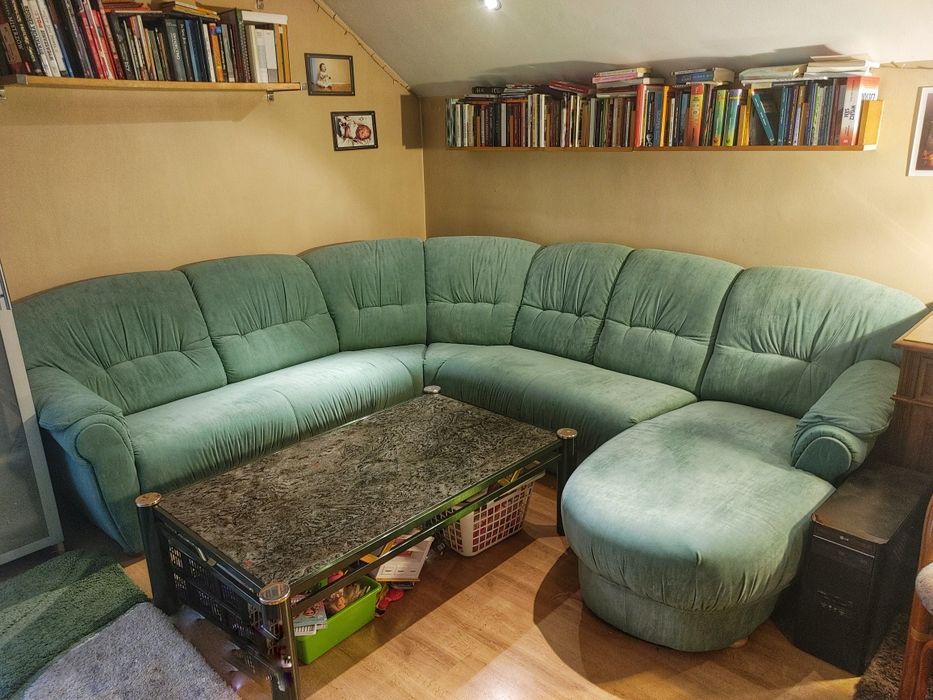 Sofa kanapa miętowo zielona narożna Styl Chaiselongue 2,45×2,79m
