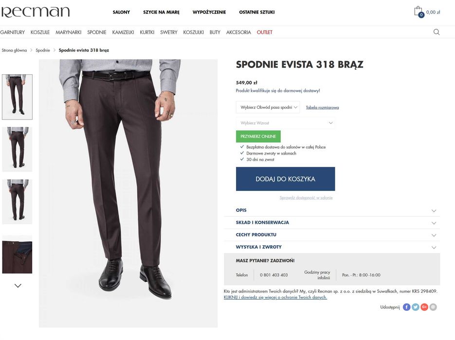 Garnitur  Recman Evista brązowy / slim fit / wzrost 185-190cm