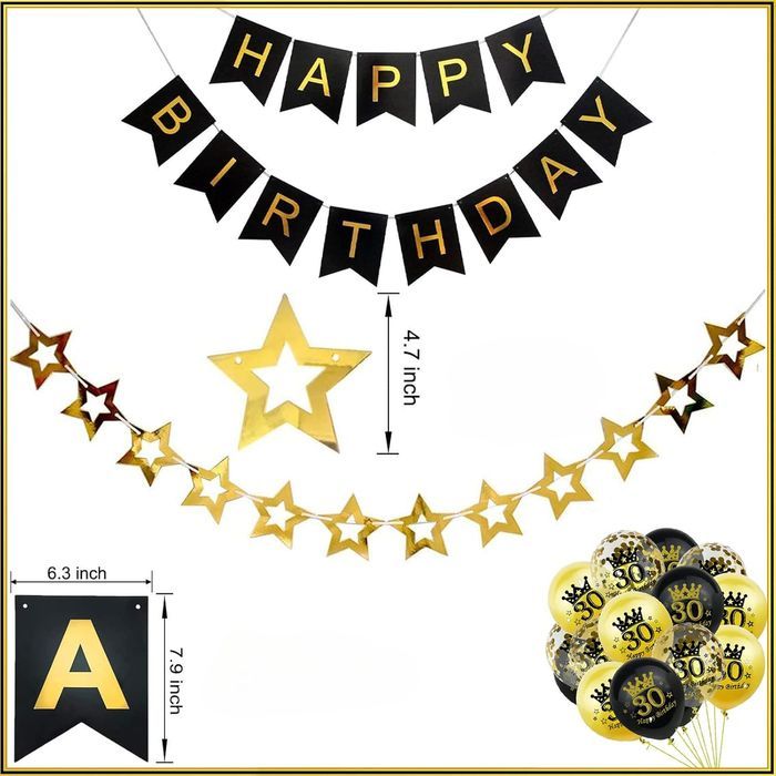 Zestaw Dekoracji na 30. Urodziny Czarno-Złote Balony Konfetti Baner