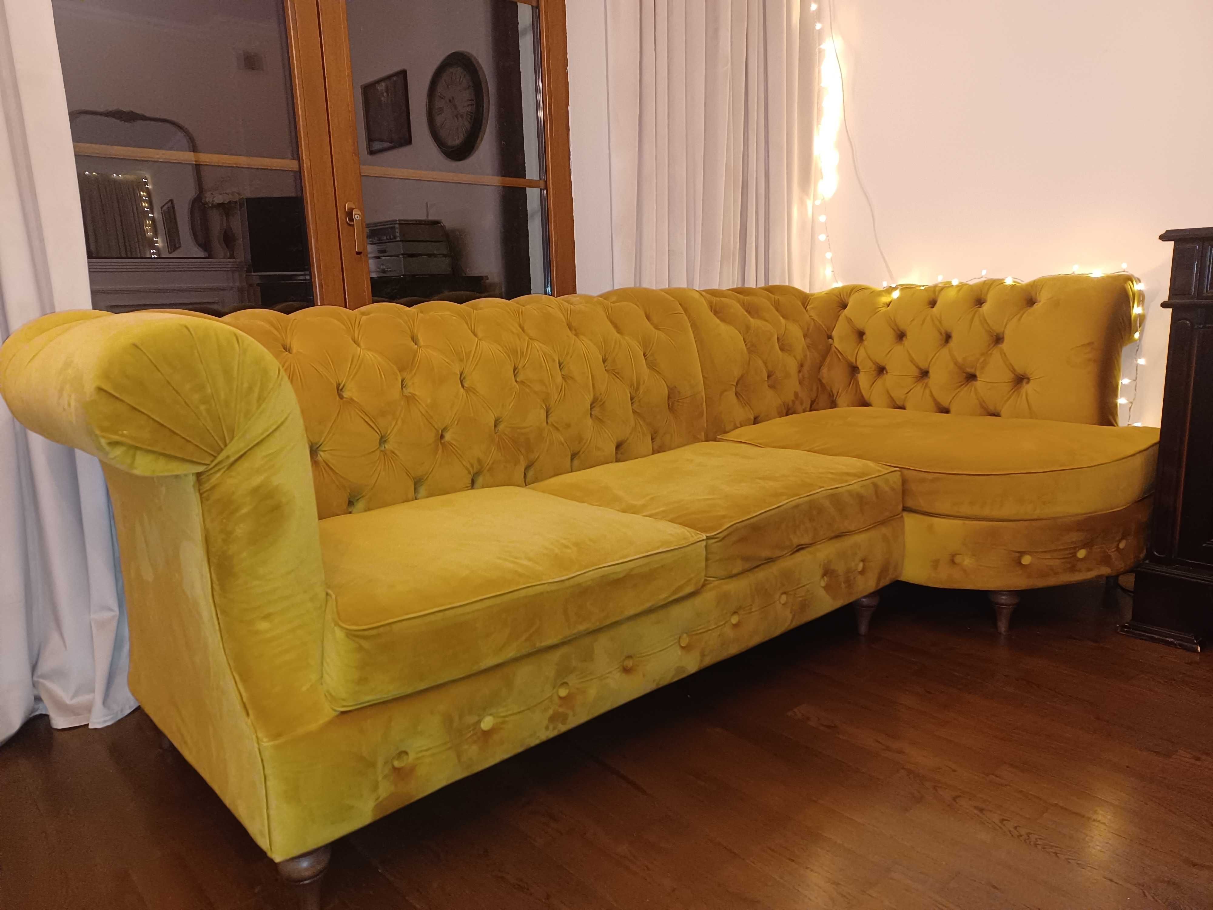 Chesterfield Złoto-musztardowe meble: Sofa + fotel