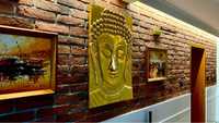 Rzeźba obraz drewniany Budda pozłacany z fakturą antyk z Indii