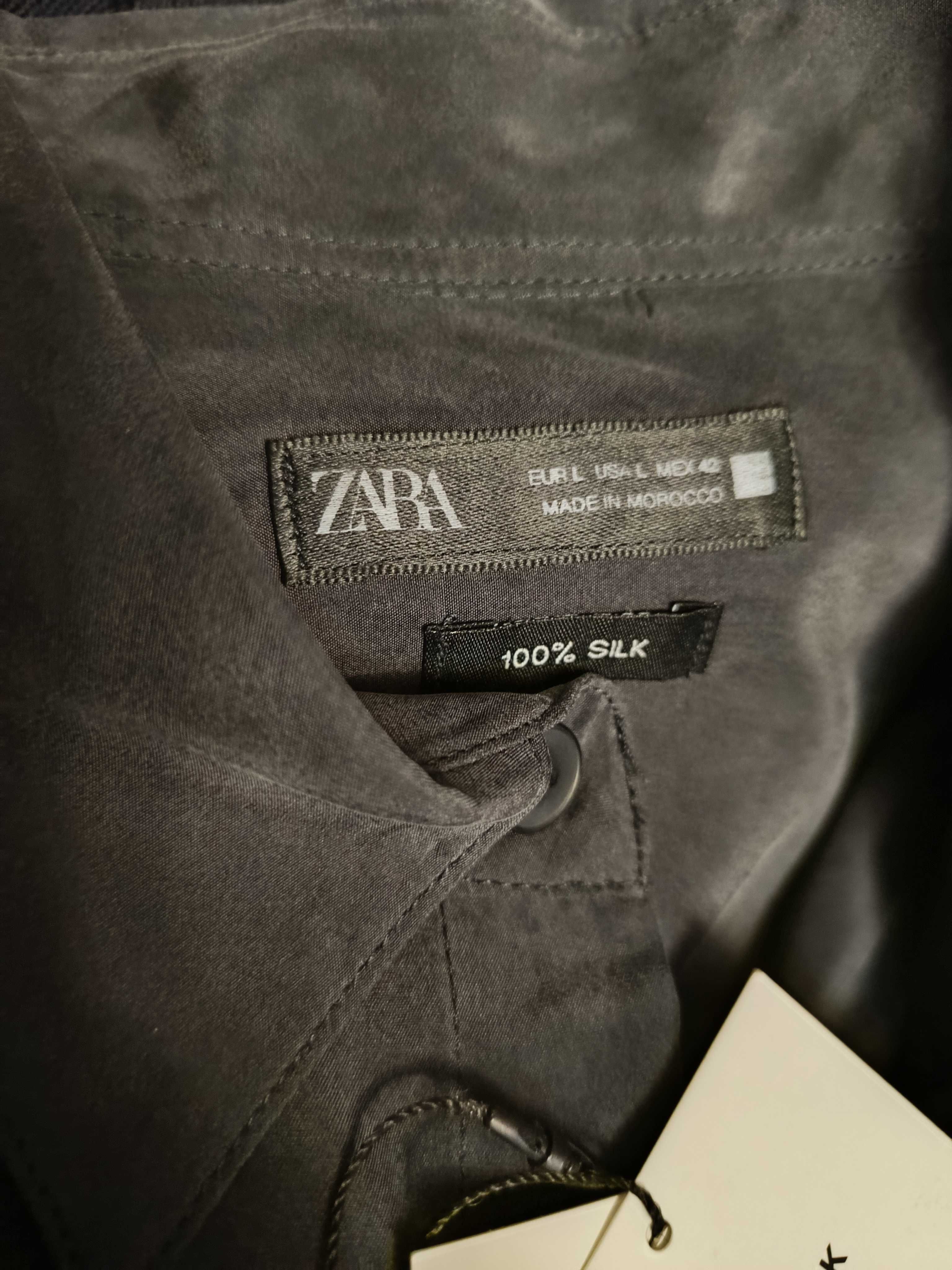 NOWA piękna!! koszula męska ZARA, roz.L,100% jedwab; ciemno grafitowa