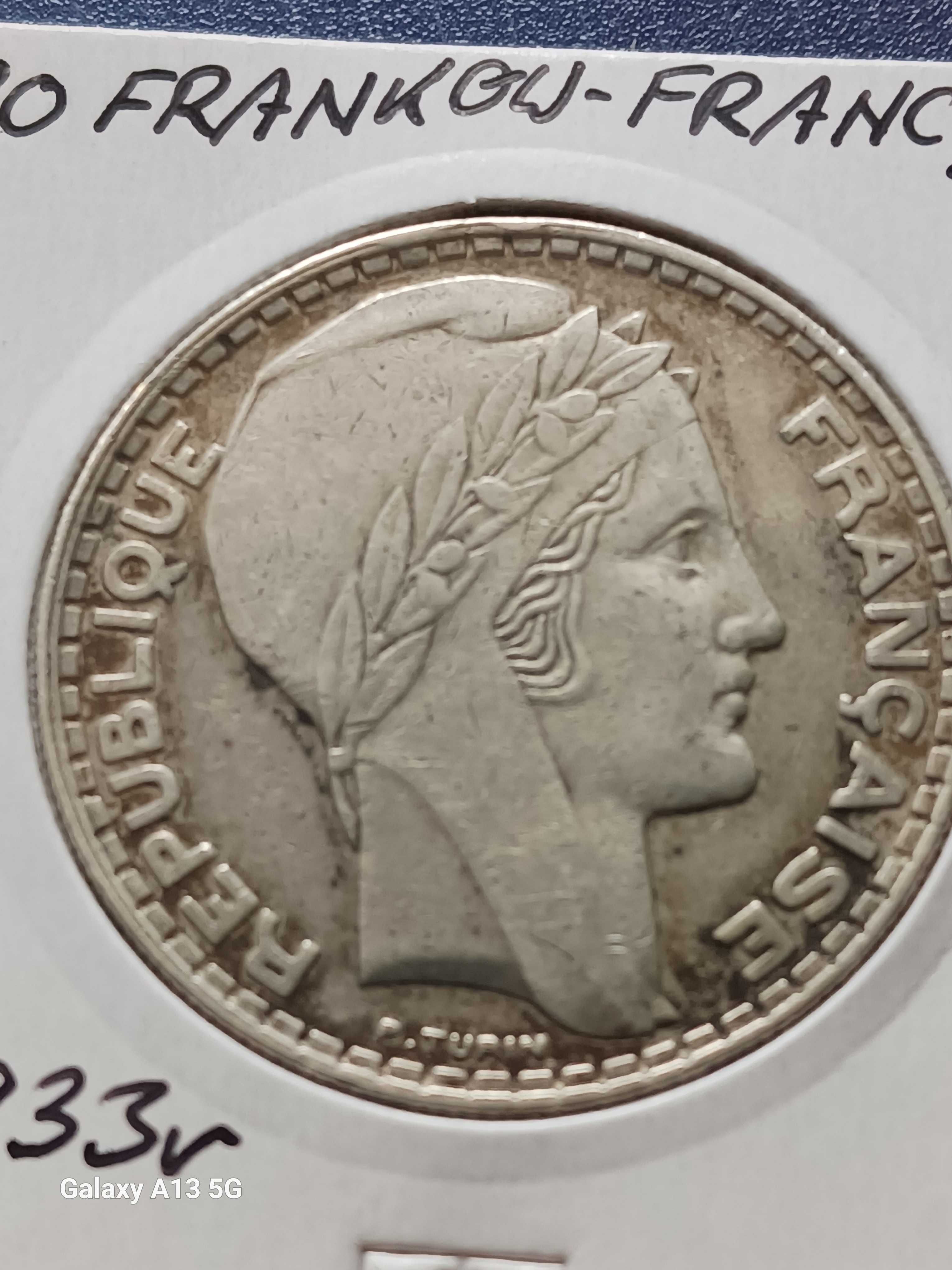 20 Franków - Francja 1933 r. - piękny stan -srebro
