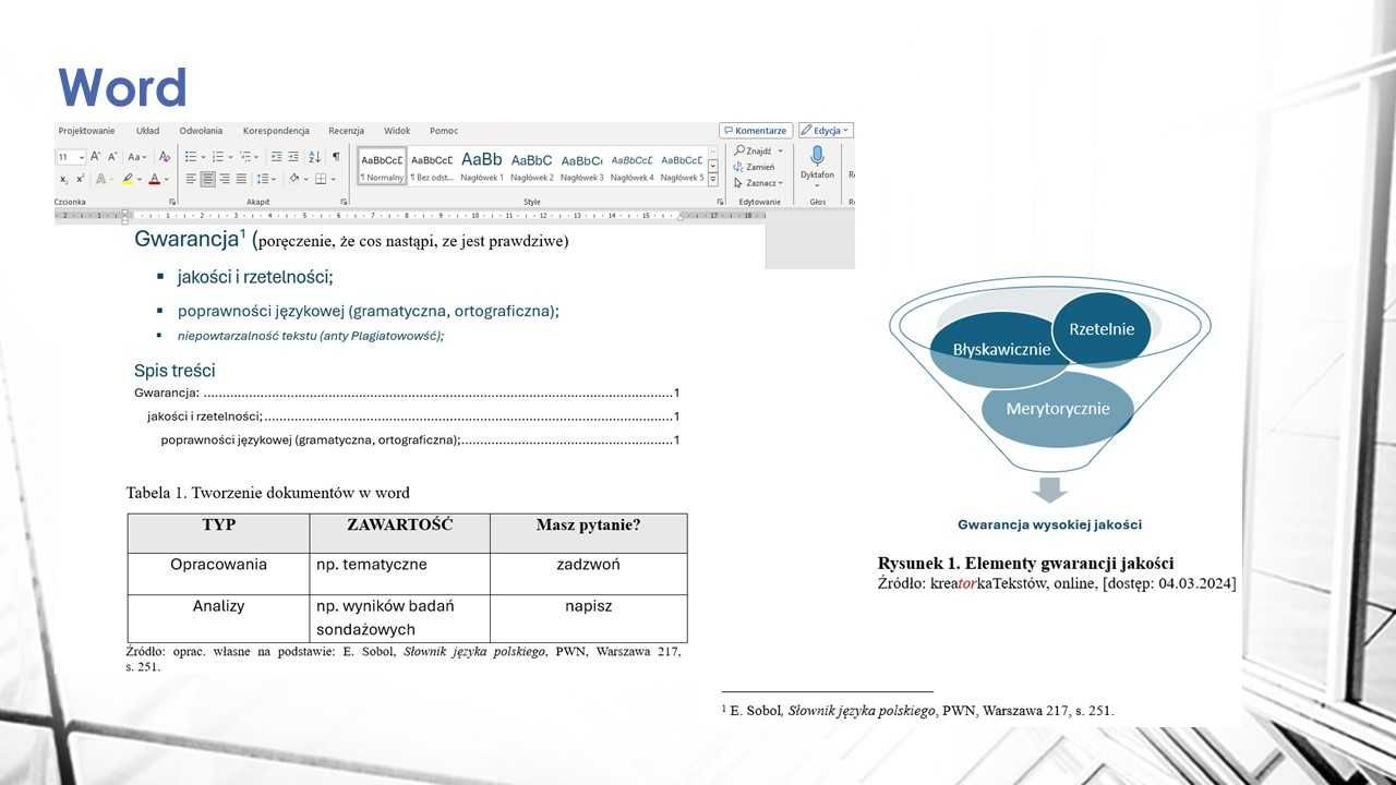 Usługi w word, prezentacje PowerPoint, wykresy, edycja, analiza danych