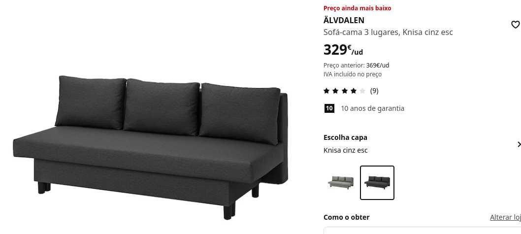 Sofá cama cinza do modelo ALVDALEN