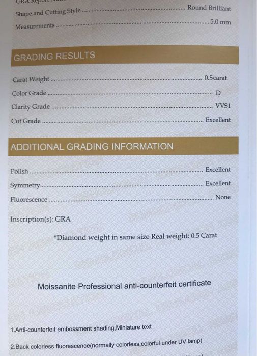 Diamante moissanite com certificado GRA