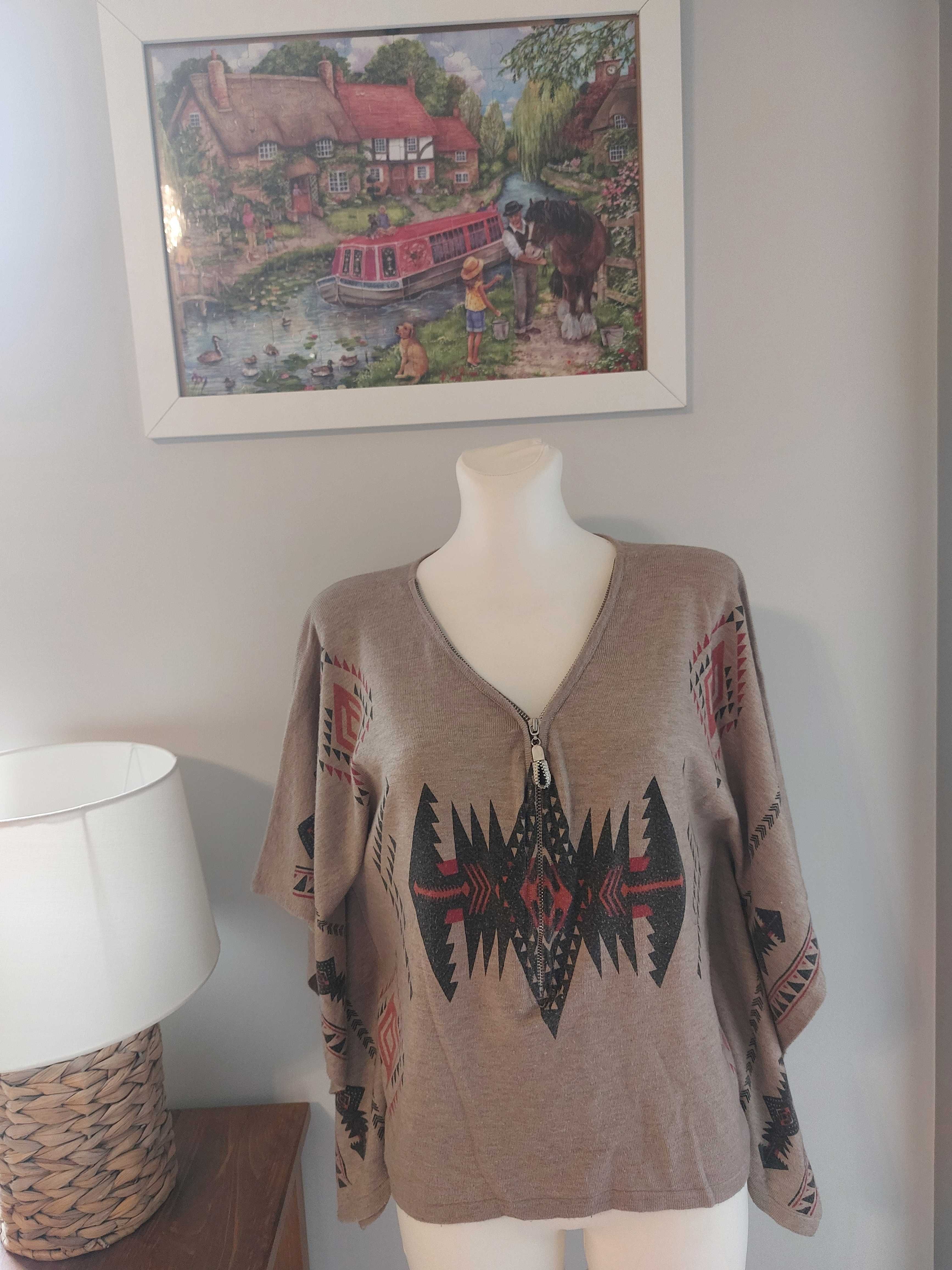 Beżowa bluzka z geometrycznym wzorem, przypomina poncho, rozmiar L, TU