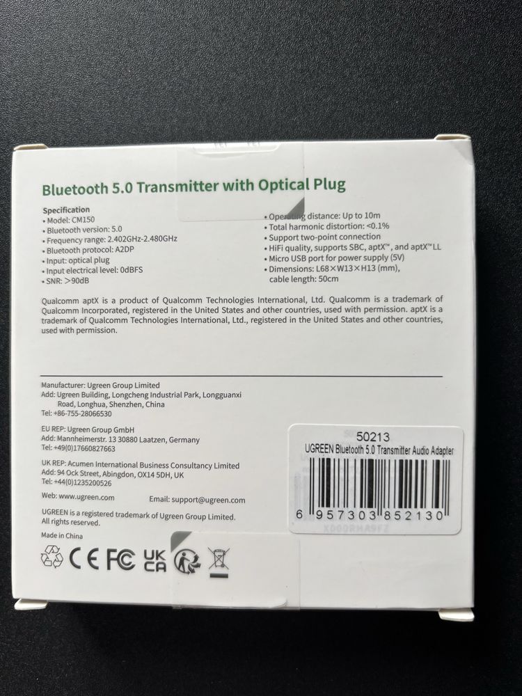 Трансмітер Ugreen Bluetooth 5.0 СМ150 (оптичний вхід) — ідеальний стан