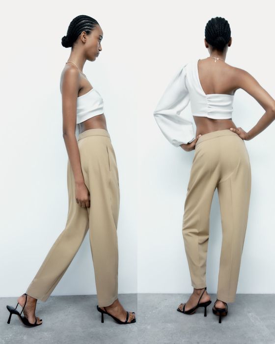 Брюки mom ZARA мом бежеві штани пісочні на талію бежевые базовые осень