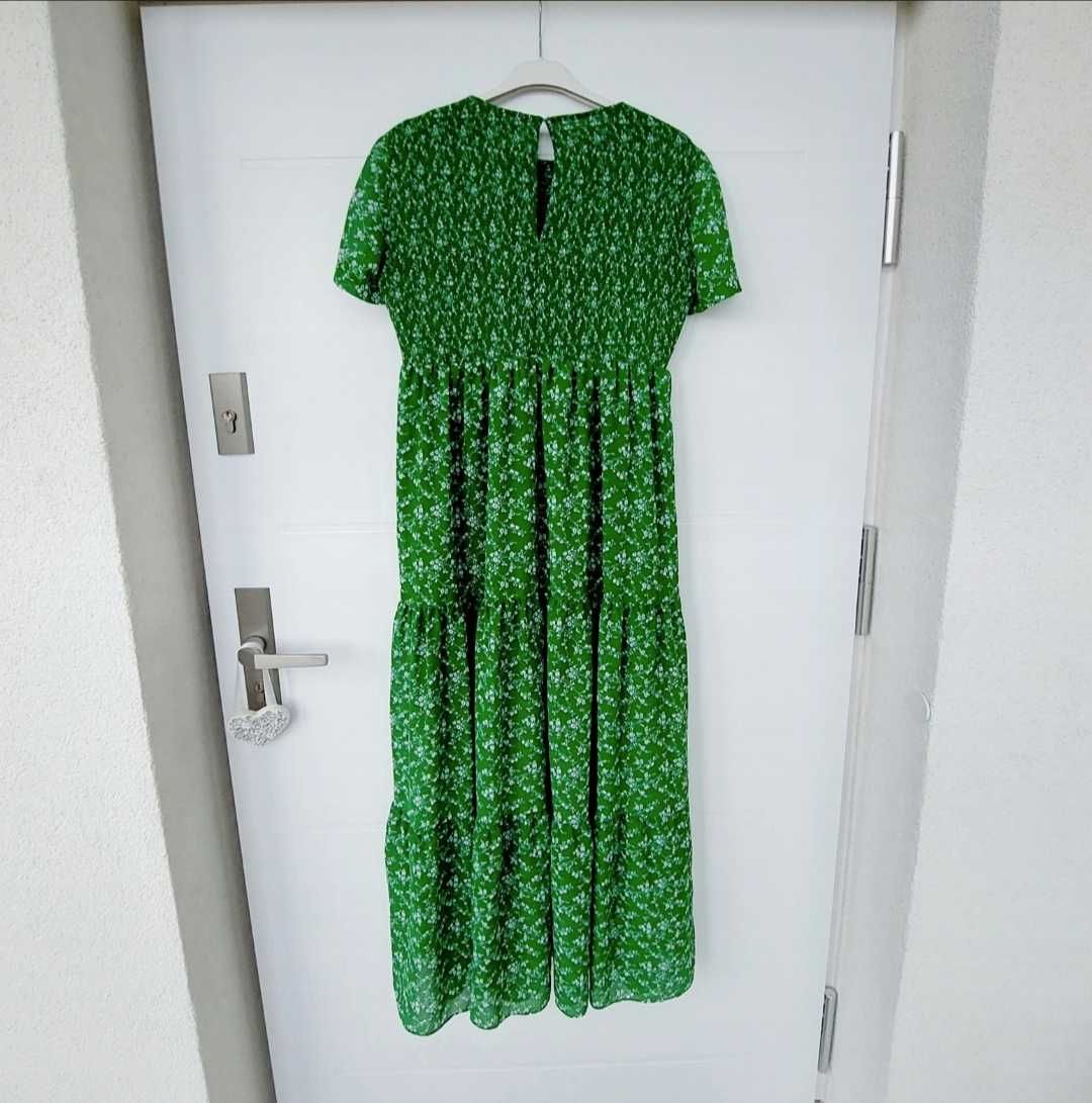 Zara zielona długa maxi szyfonowa sukienka w kwiatuszki L