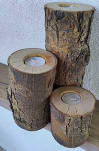 Świecznik drewniany, drzewo naturalny pień drzewa 3 tealight