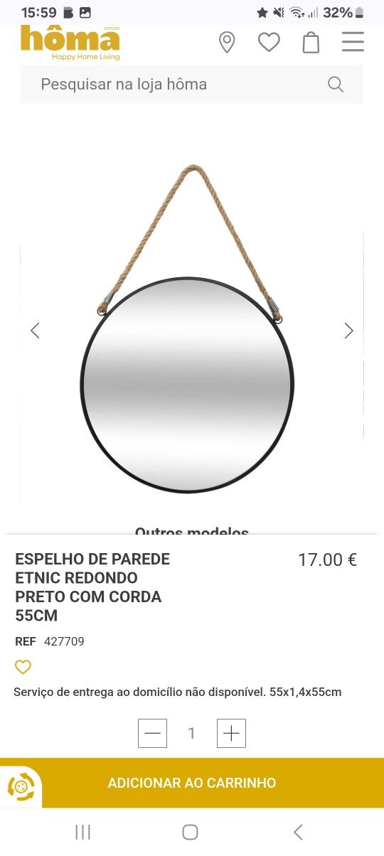 Espelho redondo de parede com corda Hôma
