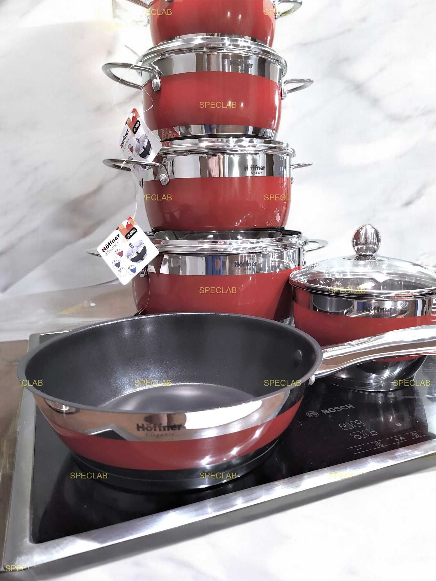 Komplet garnków HOFFNER HF-9969 RED. Gaz, indukcja, halogen