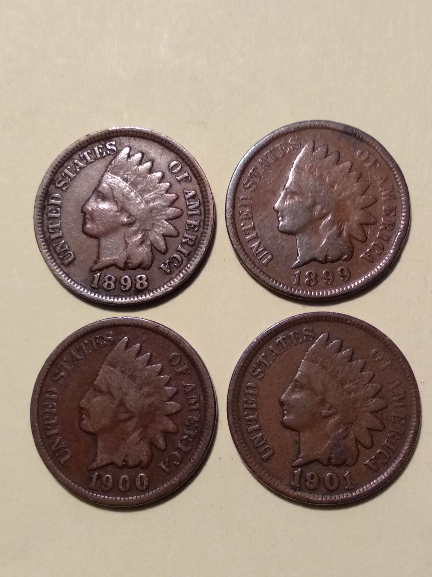 Moedas de Indian Head Cent 1898, 1899, 1900 e 1901 EUA