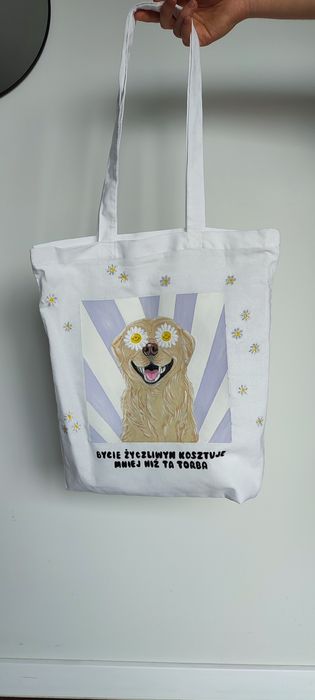 Torba bawełniana biała z pieskiem Golden Retriever ręcznie malowana