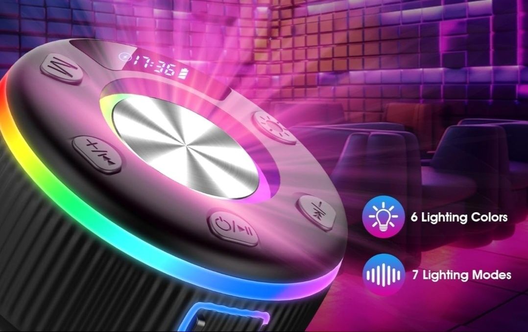Głośnik Prysznicowy Bluetooth IPX7, LED, FM, Mikrofon,muzyka Bass