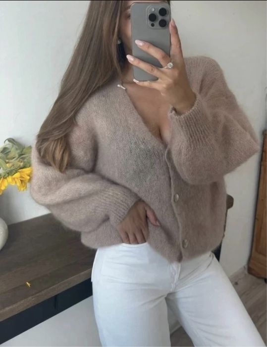 Beżowy mocha mokka sweterek kardigan moherowy kid moher 36 38 S M