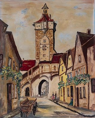 Obraz olejny " Brama Klingentor w Rothenburgu " wym. 58 x 48 cm.