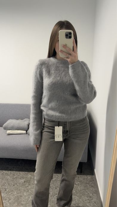 Светр H&M premium selection мохер сірий/молочний