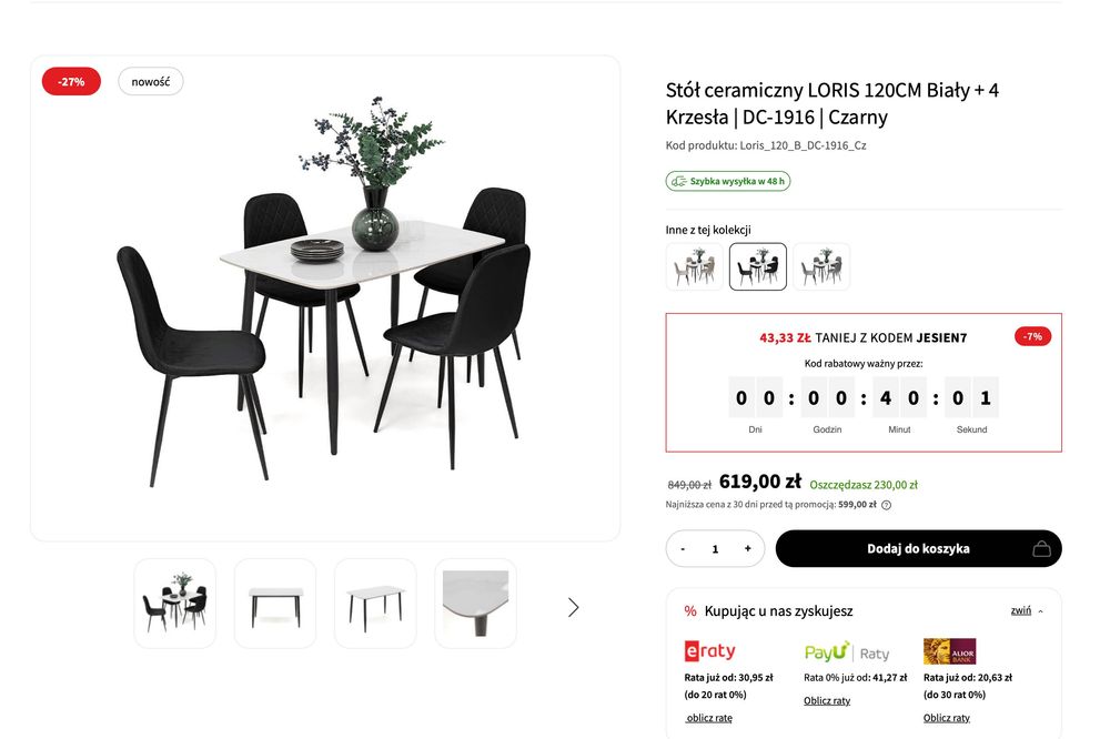 Stół ceramiczny LORIS 120CM Biały + 4 Krzesła