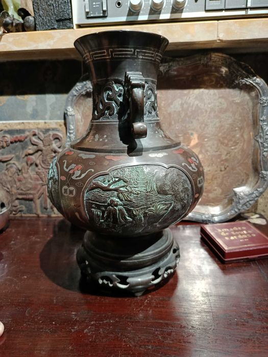 Jarrão Bronze Chinês embutidos Prata Séc XVIII 5,5 kg 31 cm