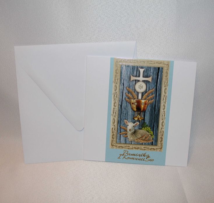 Kartka Pierwsza Komunia Święta niebieska kielich kłosy baranek