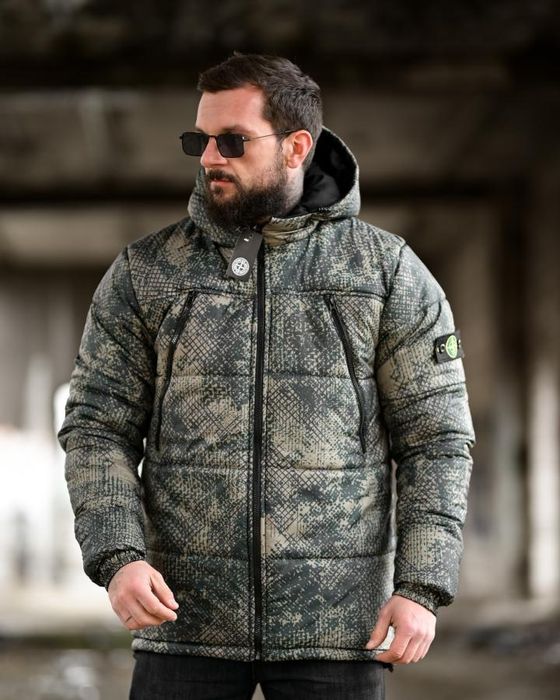 Чорна/Хакі тепла зимова чоловіча двостороння куртка Stone Island