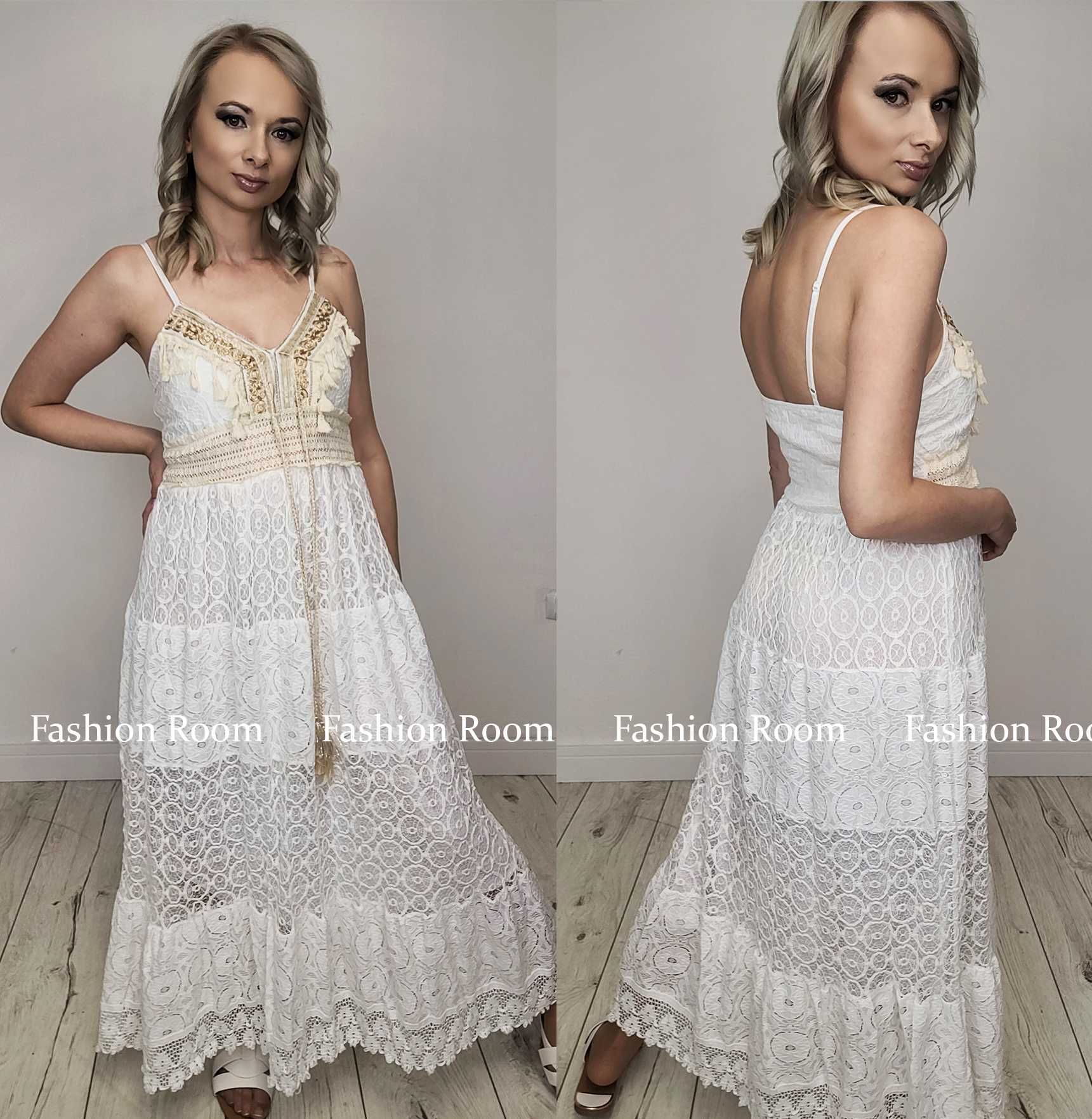 Sukienka BOHO koronka haft wesele chrzciny komunia MAXI na ramiaczkach