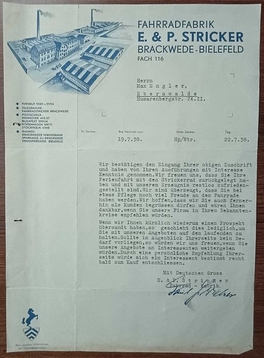 List do klienta z fabryki rowerów E. & P. Stricker z 1938 r.