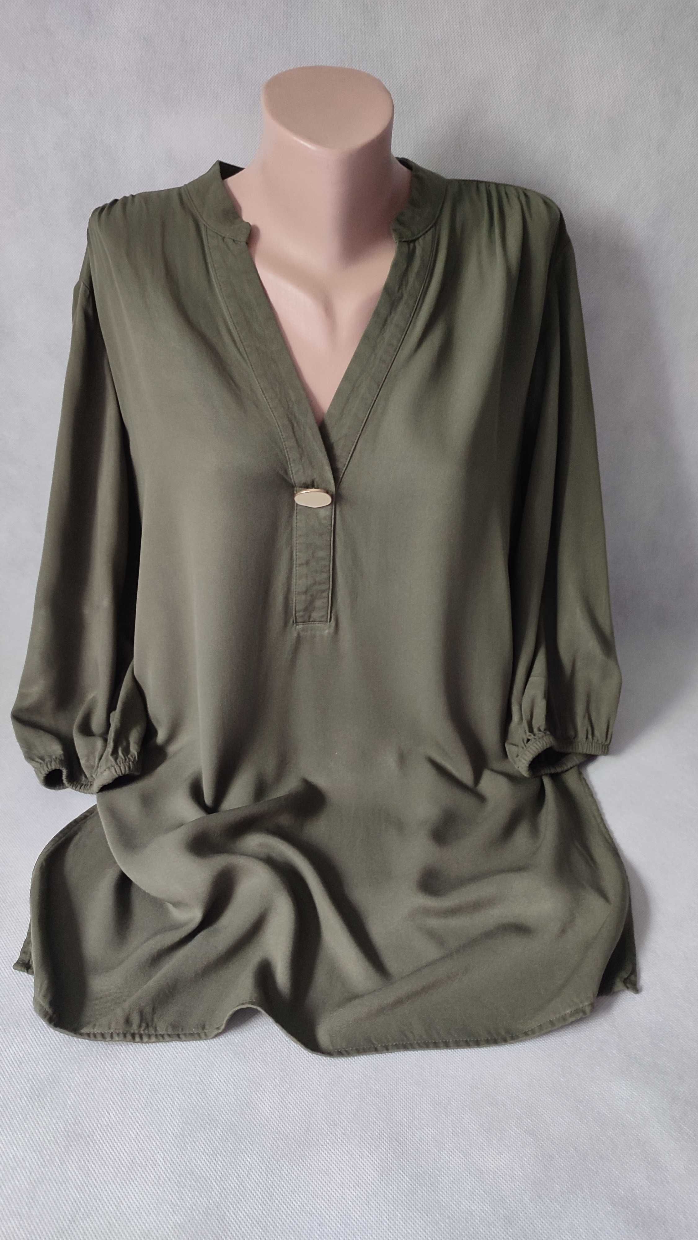 Bluzka damska khaki plus size tunika z rękawem 3/4 dekolt V rozmiar 42