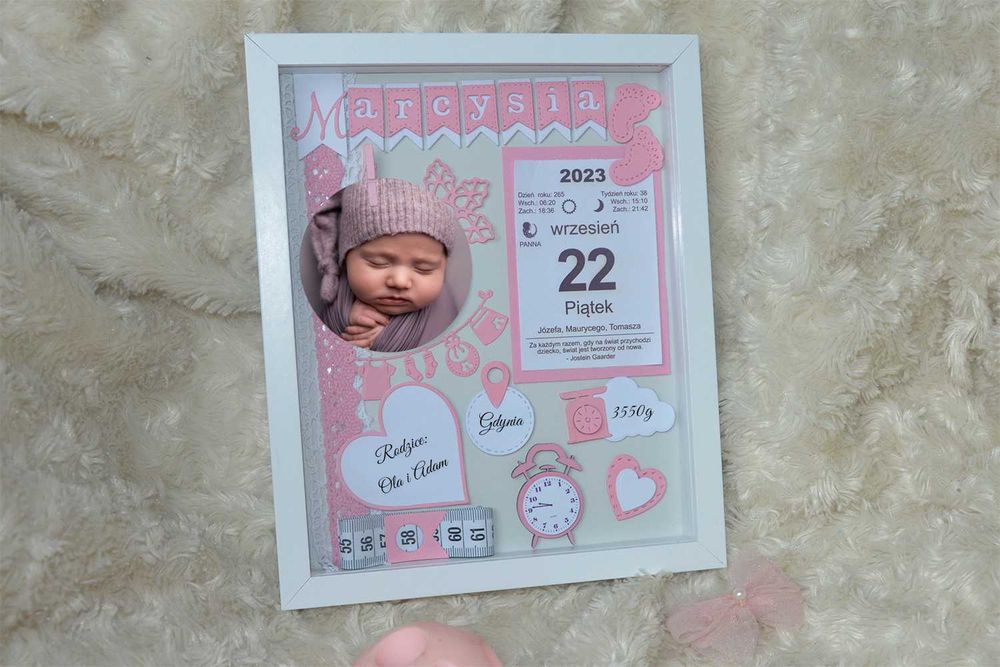 Metryczka dziecięca prezent dla dziewczynki roczek chrzest ze zdjęciem