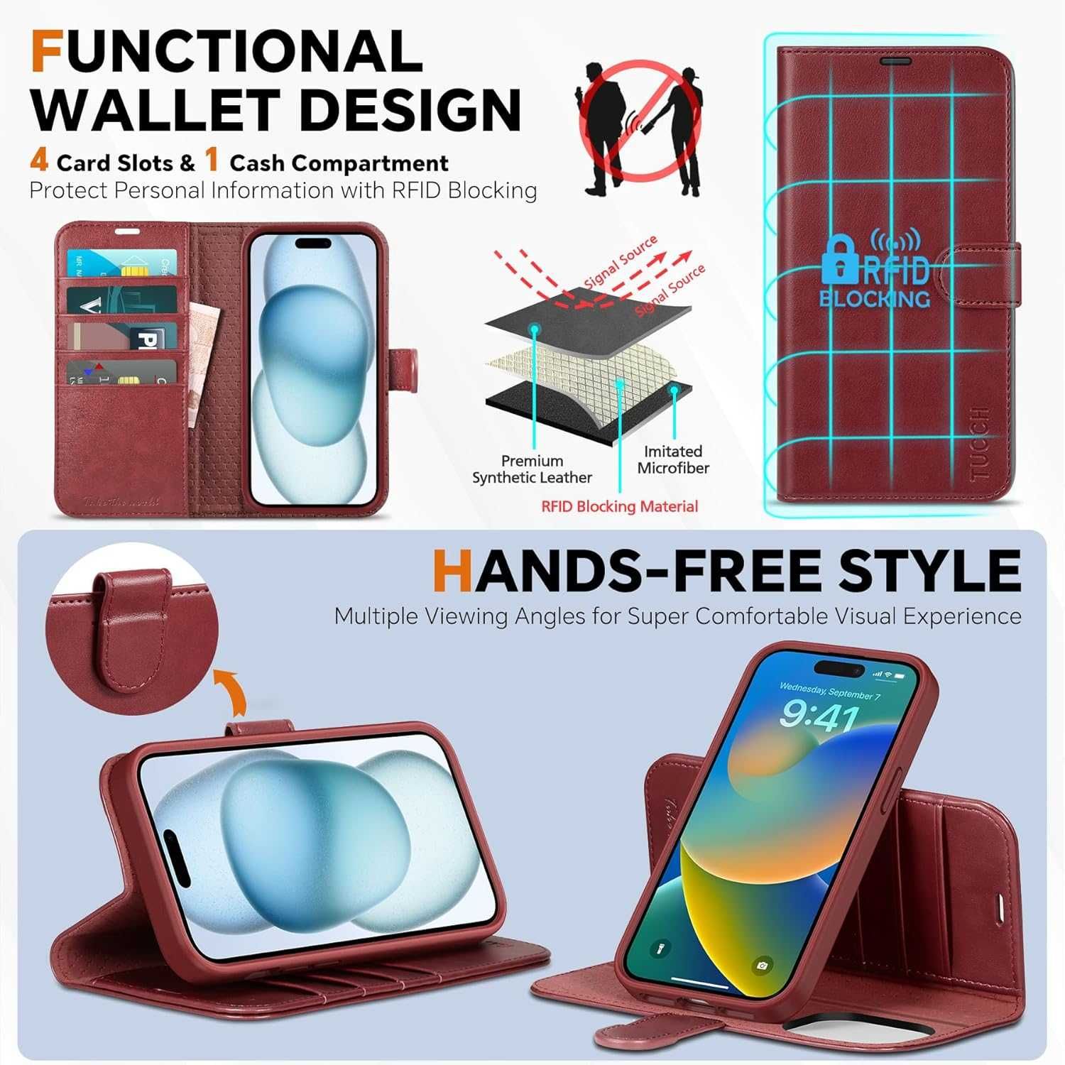 TUCCH iPhone 15 Plus etui skórzane magnetyczne bordowe Portfel  2w1