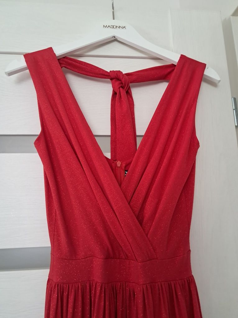 Piękna długa suknia, czerwona, połyskująca, brokat, rozmiar 36