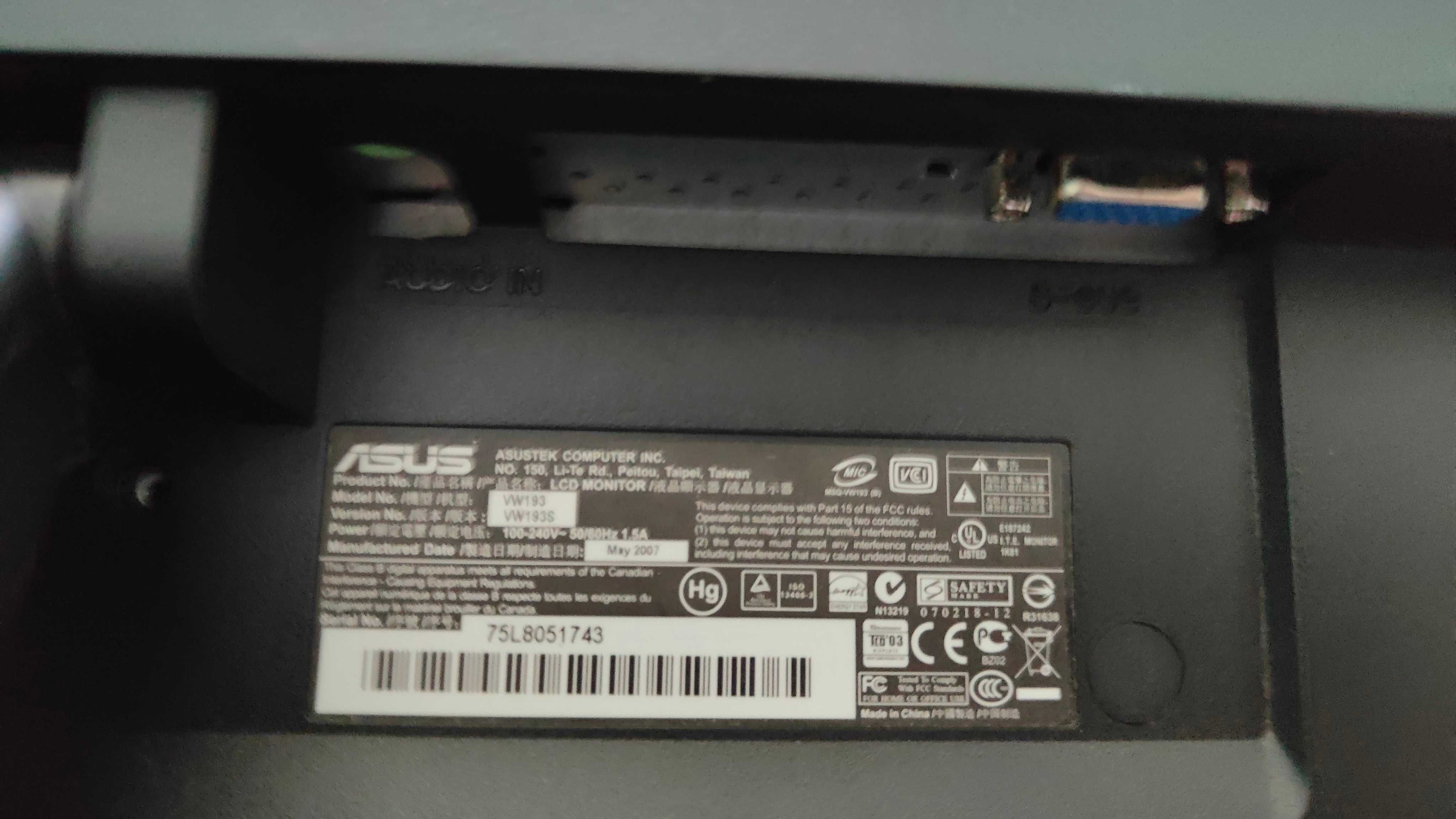 Monitor ASUS VW193S - 19” Widescreen LCD (VGA) - Para Peças