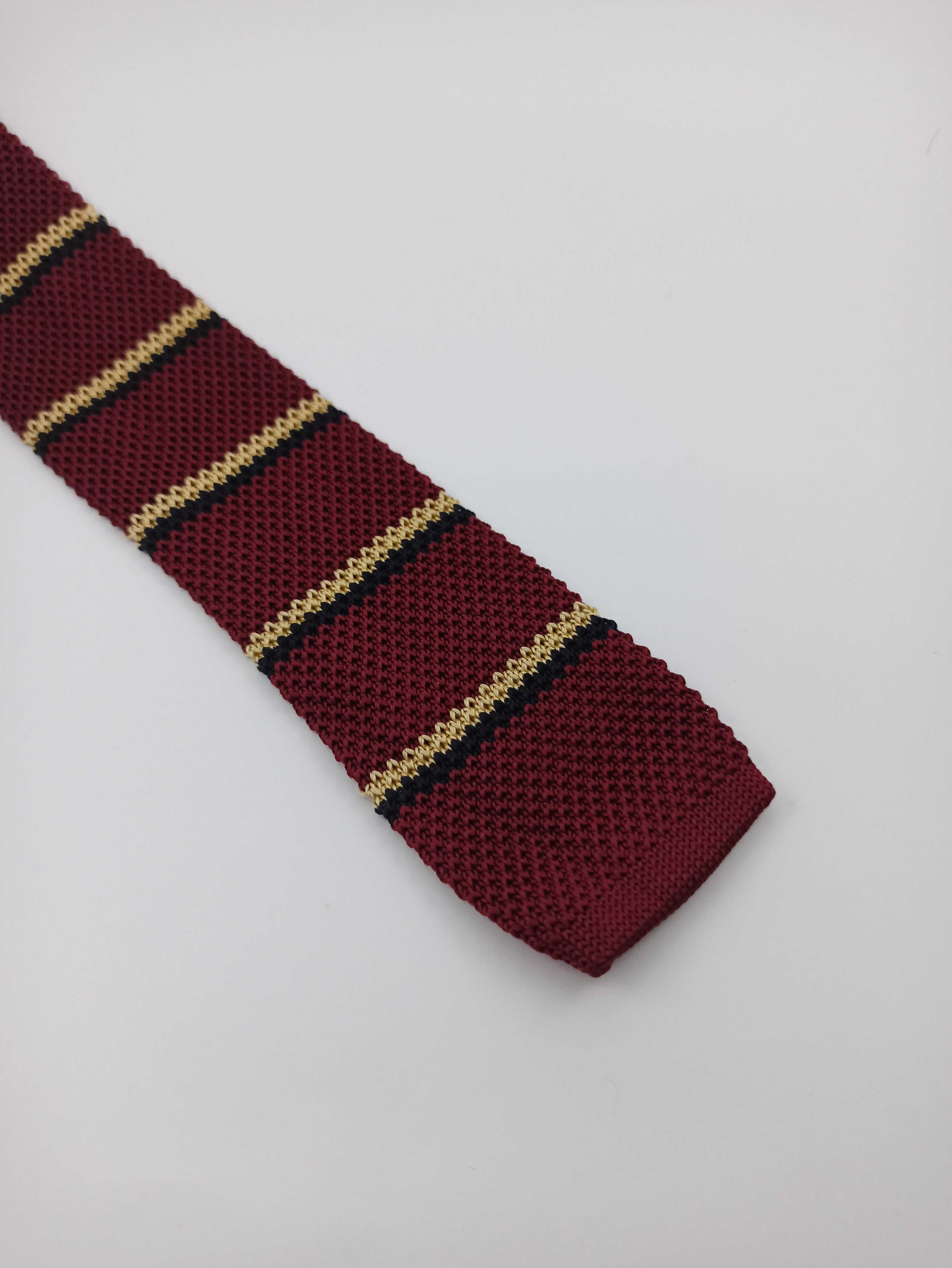 Czerwony bordowy jedwabny krawat knit w paski kn07