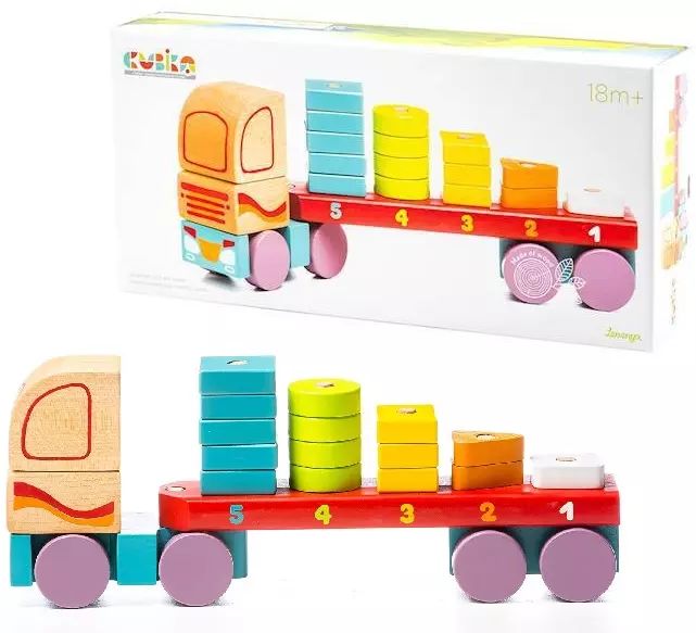 Drewniana ciężarówka sorter z klockami (19 elementów). Cubika