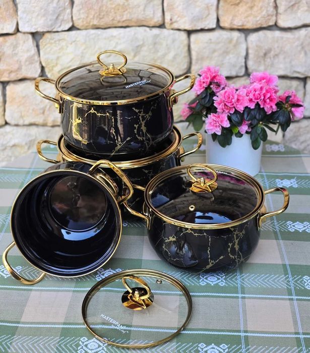 Garnki emaliowane 4 szt. z Pokrywkami -  PREMIUM MARMUR 3 KOLORY!