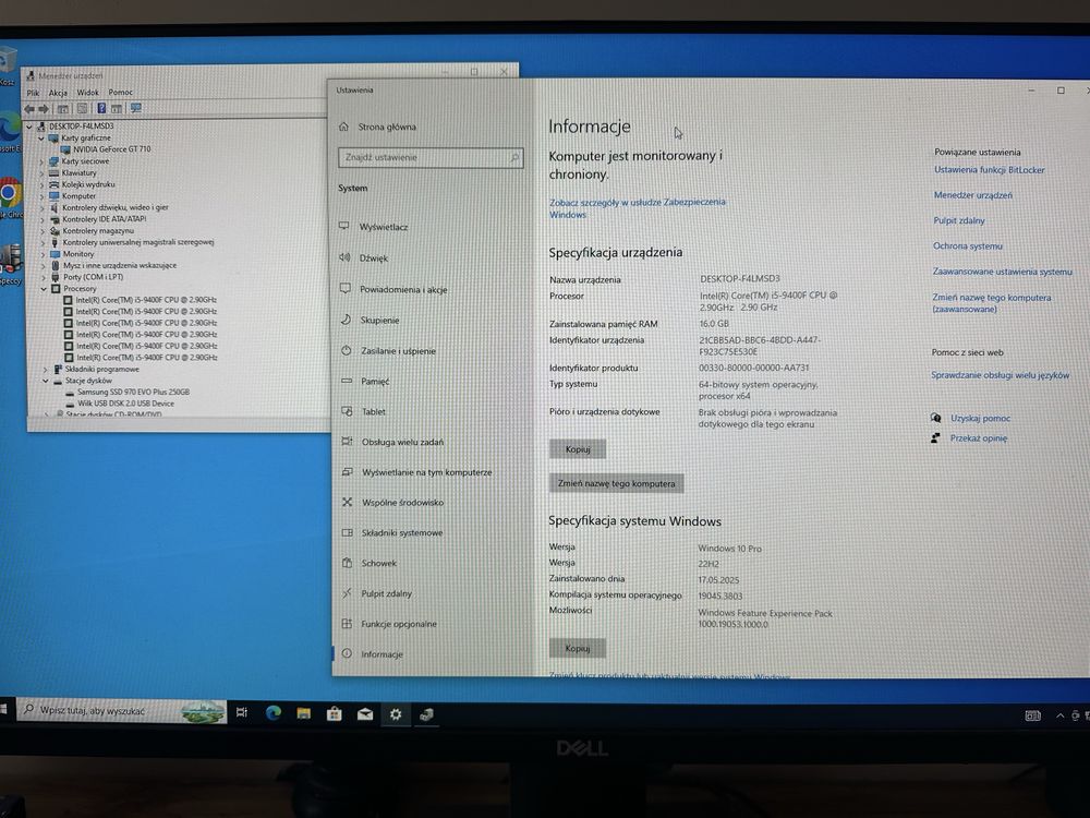 Komputer stacjonarny Intel Core i5 9400F 8GB RAM 250GB SSD NVME