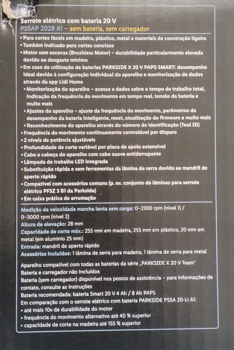 Serra sabre / serrote Parkside Performance 20V Nova