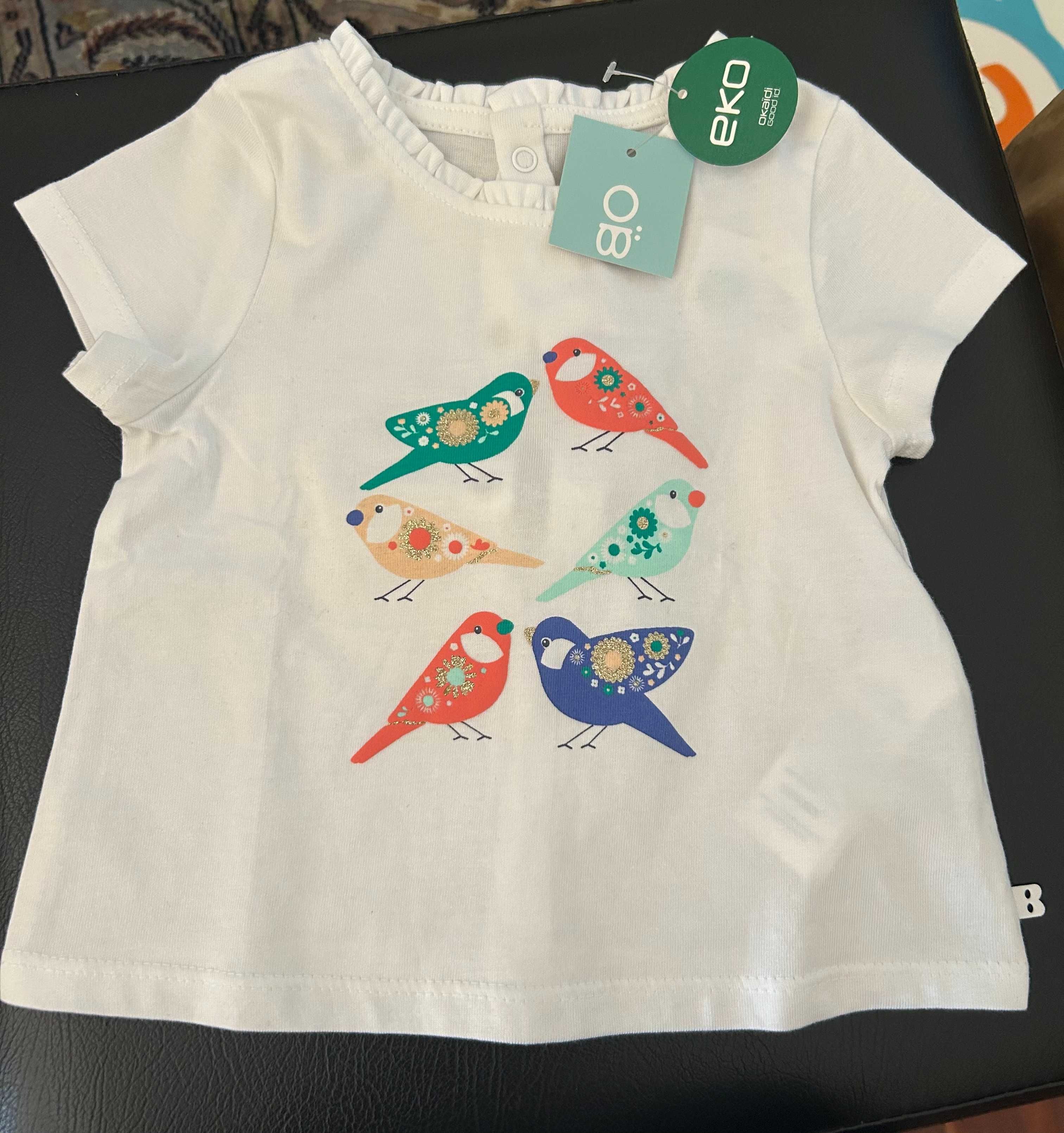 T-shirt branca de bebé com passarinhos da Okaidi-Obaibi