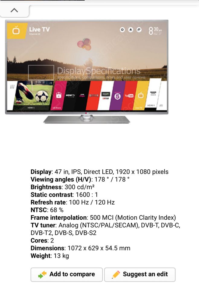 TV LG 47” 47LB650V