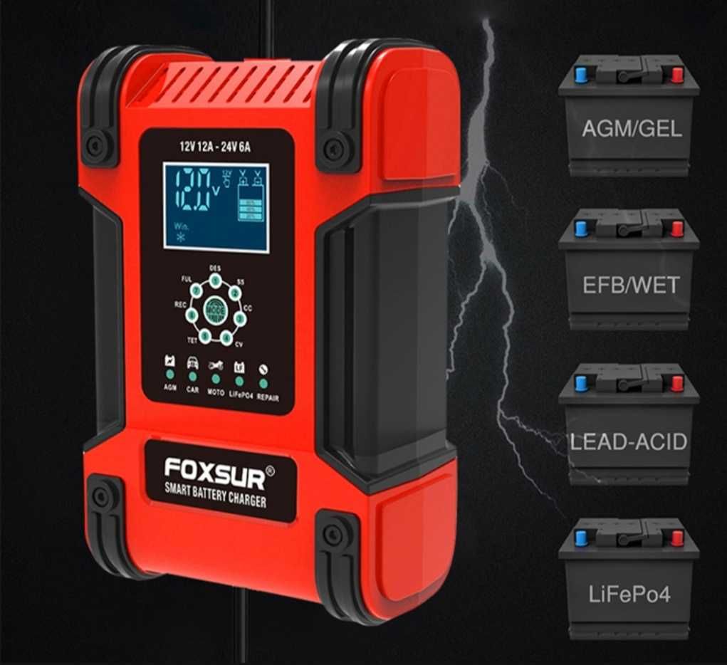 Зарядний пристрій FOXSUR, для всіх типів акумулят. 12V, 12A - 24V, 6A