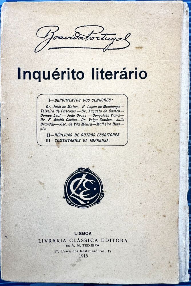 Fernando Pessoa - Inquerito Literario de Boavida Portugal - 1915