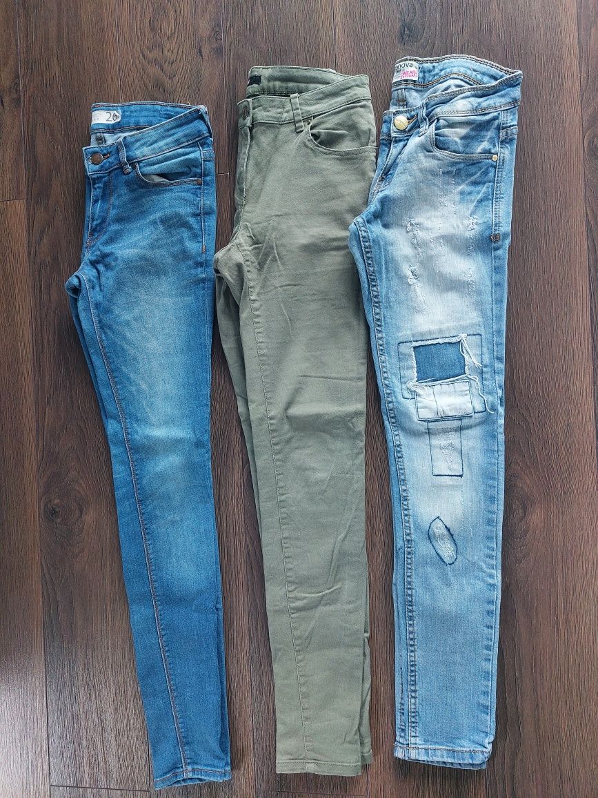 Spodnie jeansy xs xxs 3 sztuki za 50 zl komplet set khaki z dziurami