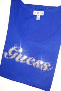 GUESS Oryginalna Damska Koszulka T-Shirt Bluzka Niebieska Zlota Brokat
