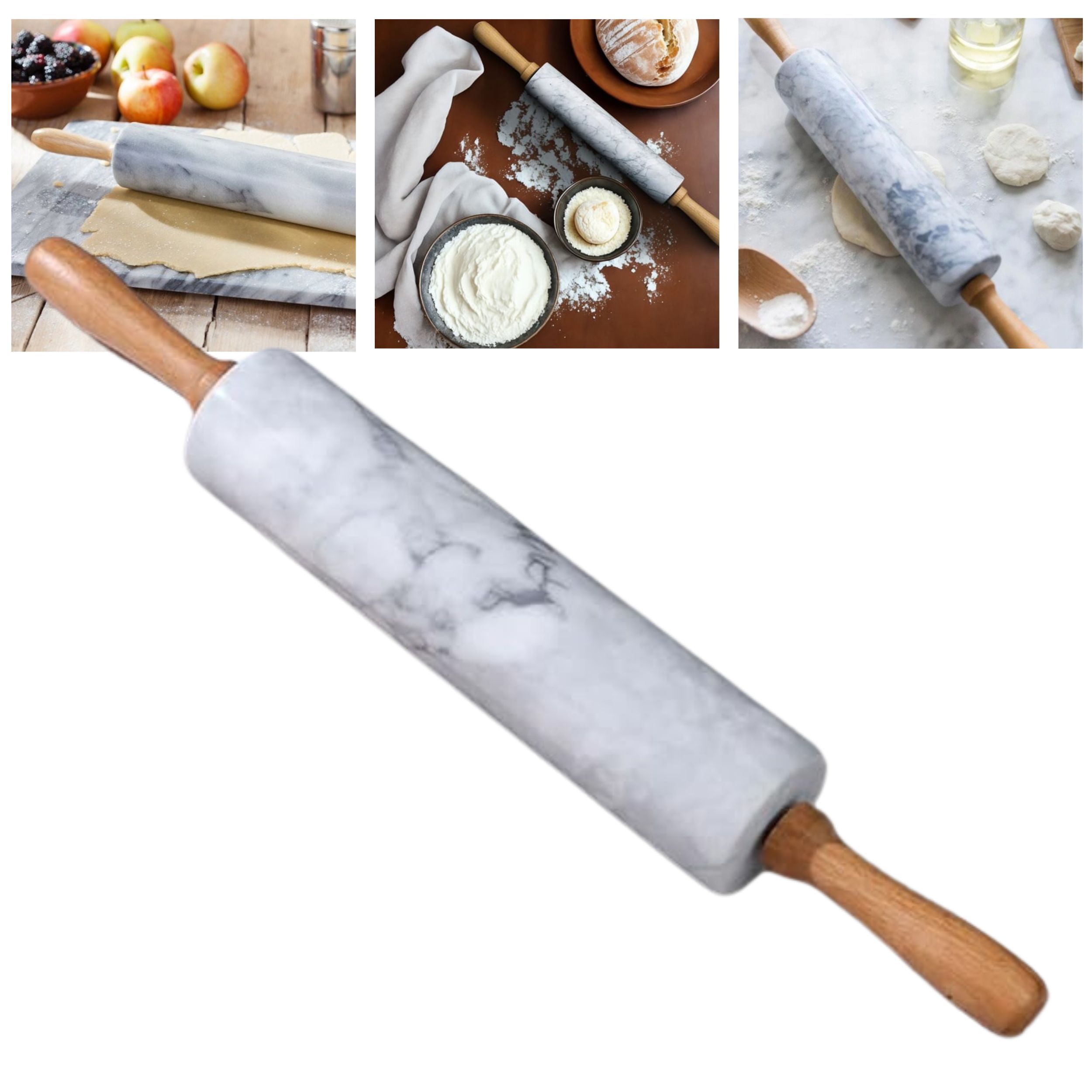 Wałek do ciasta marmurowy do wałkowania Kamienny Elegancki Drewno 46cm