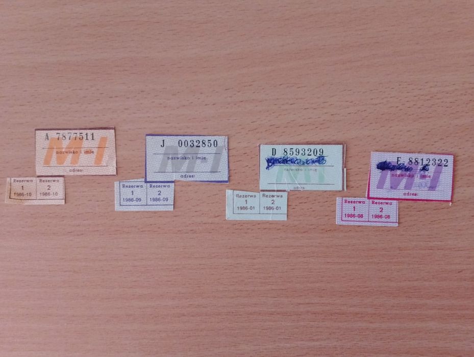 KARTKI zaopatrzeniowe z PRL – artykuły żywnościowe, 1986 rok (9 sztuk)
