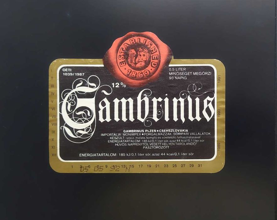 Stara piwna etyketa  *Gambrinus* Czechosłowacja. Lata 90
