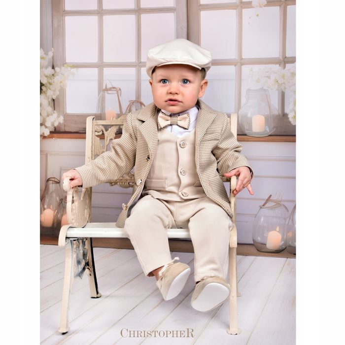 Garnitur chłopięcy z koszulo-body Beżowy w pepitkę z kamizelką